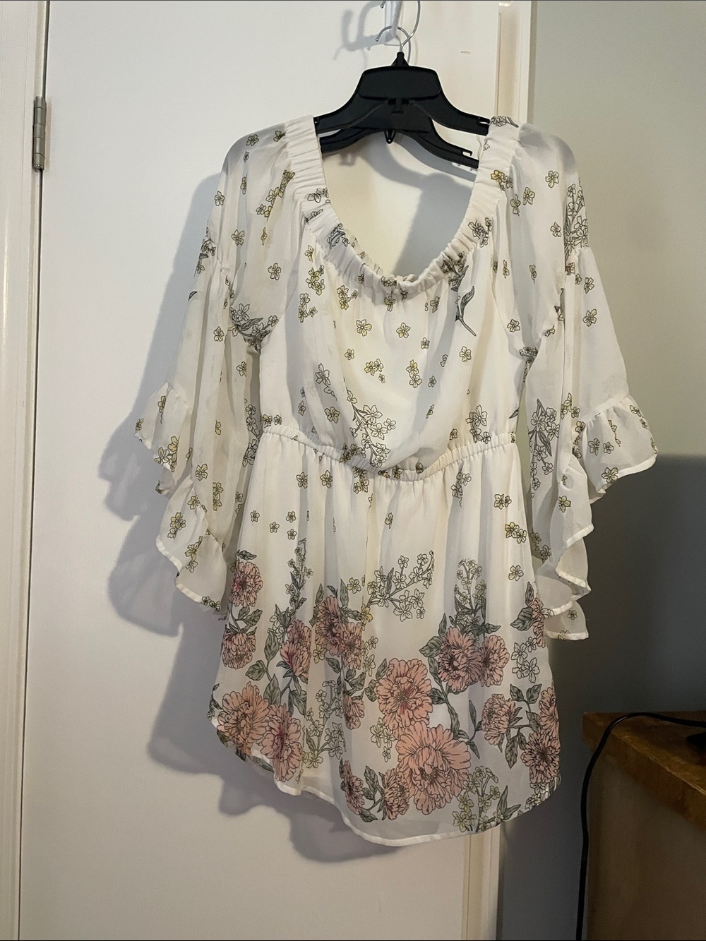 indulge White Floral Peasant Blouse with Pink and Green Accents